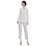 Women Pant Suit Uniform Designs Formal Style Office Lady Bussiness Attire White Fashion Cropped Pants Set Autumn