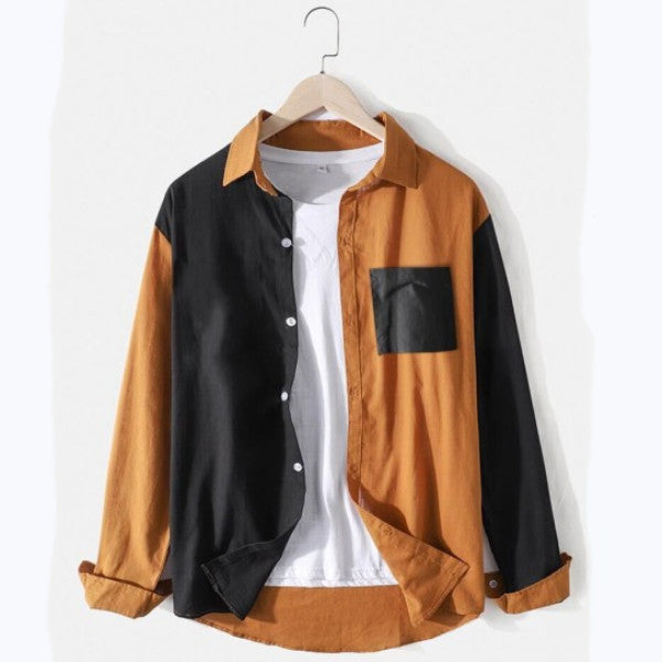 Men's Contrast Color Fit Long Sleeve Youth Fashion Trends Casual Retro Sports Men Shirt