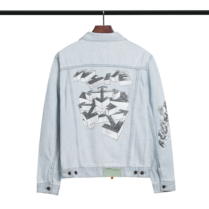 Arrow Denim Jacket Jean Coat Letter Arrow Washed Distressed Locomotive Denim Jacket Coat Owt