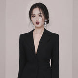 Women Skirt & Blazer Suit Uniform Designs Formal Style Office Lady Bussiness Attire V-neck Irregular Suit Jacket Pleated Skirt