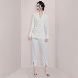 Women Pant Suit Uniform Designs Formal Style Office Lady Bussiness Attire White Fashion Cropped Pants Set Autumn