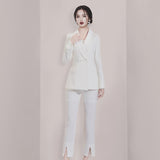 Women Pant Suit Uniform Designs Formal Style Office Lady Bussiness Attire White Fashion Cropped Pants Set Autumn