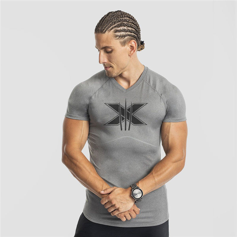 Slim Fit Muscle Gym Men T Shirt Men Rugged Style Workout Tee Tops Fitness Men's Short Sleeve Male Skinny V-neck Fashion Sportswear Men's Top