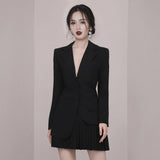 Women Skirt & Blazer Suit Uniform Designs Formal Style Office Lady Bussiness Attire V-neck Irregular Suit Jacket Pleated Skirt