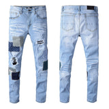 Men Distressed Jeans Man Ripped Jean Destructed Denim Pants Men Patchwork Jeans Men's Stitching Stretch Slim Fit Ankle Tight Trousers