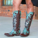 Coachella Cowboy Boots Autumn and Winter Pointed Toe Chunky Heel Embroidered Printed Slingback Middle Tube Leather Boots