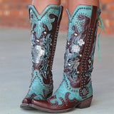 Coachella Cowboy Boots Autumn and Winter Pointed Toe Chunky Heel Embroidered Printed Slingback Middle Tube Leather Boots