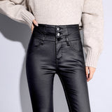 Leather Leggings Velvet Padded Leggings Women's Thickened Warm Fall and Winter Outer Wear Figure Flattering Leather Pants