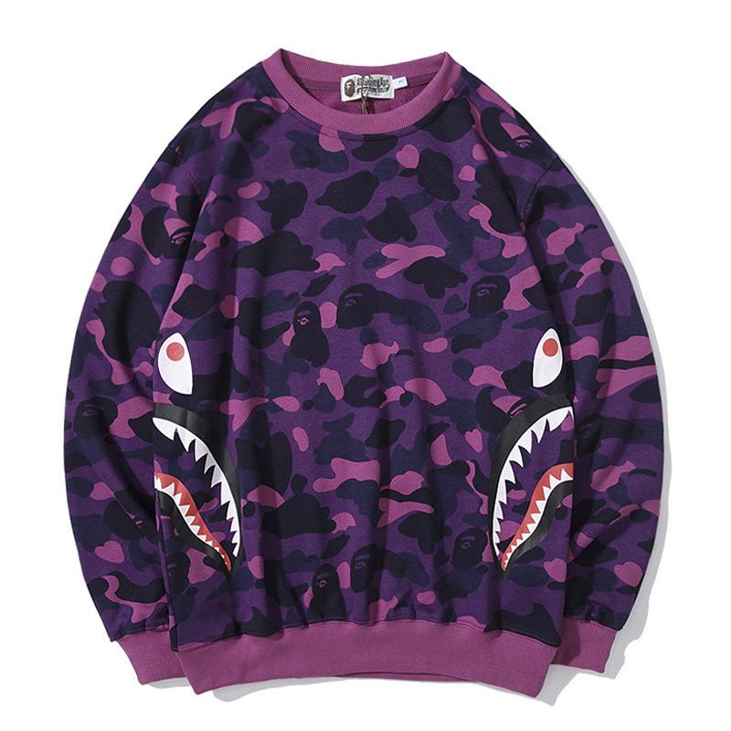 A Ape Print Sweatshirts Fashion Brand Camouflage Shark Head Print Cotton Terry round Neck Sweater
