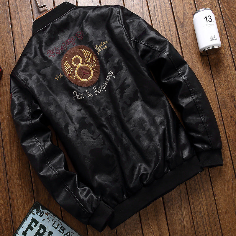 Leather Flight Suit Logo Embroidered Leather Coat Motorcycle Clothing Men's Winter Men Pu Jacket