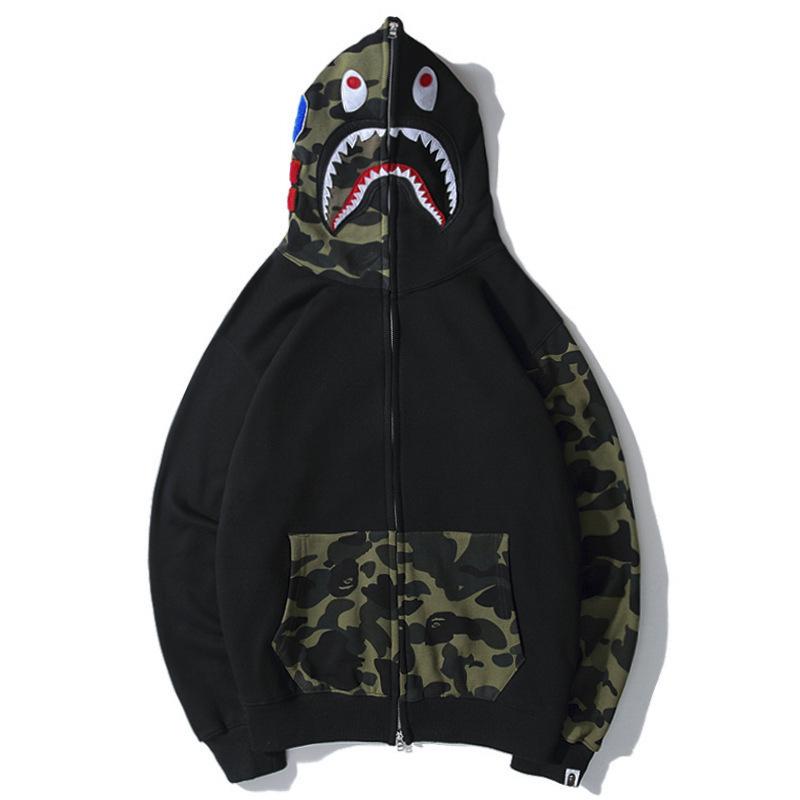 A Ape Print Hoodie Stitching Sleeves Patchwork Pocket Zipper Velvet Sweater Coat Men