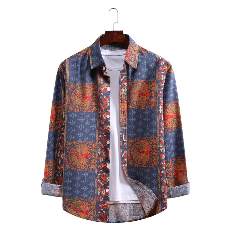 Men's Printed Long Sleeve Large Size Fashion Trend Casual Retro Sports Men Shirt