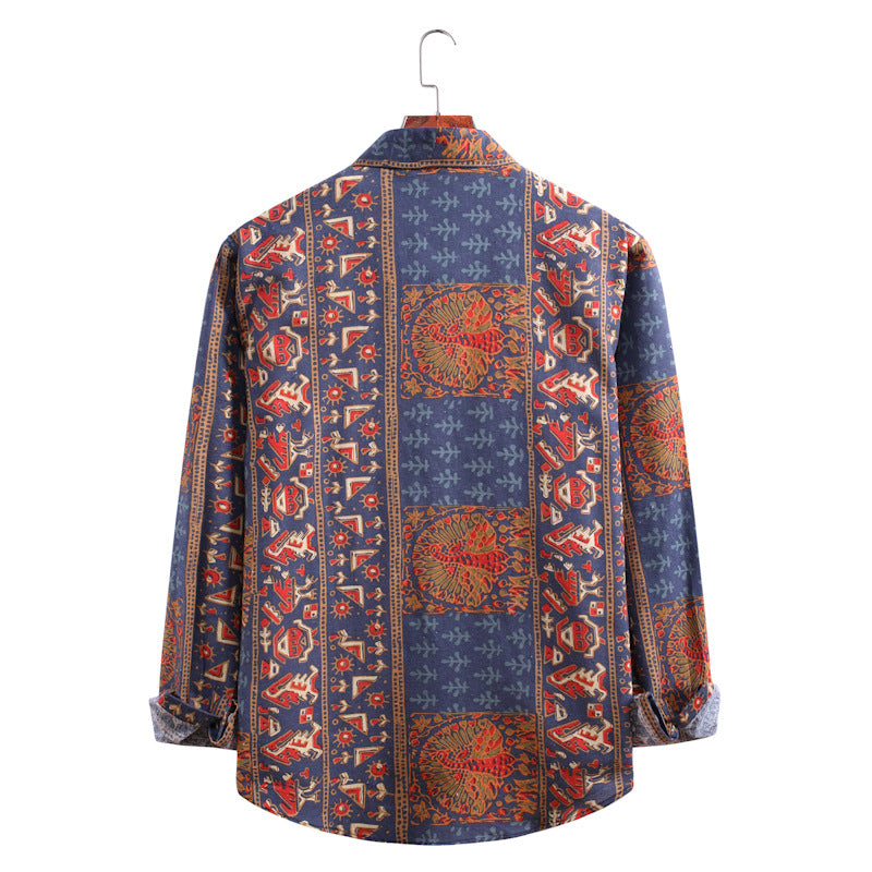 Men's Printed Long Sleeve Large Size Fashion Trend Casual Retro Sports Men Shirt