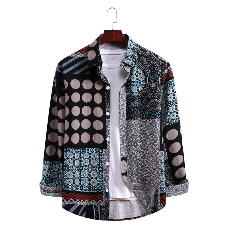 Men's Printed Long Sleeve Large Size Fashion Trend Casual Retro Sports Men Shirt