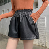 Leather Shorts Autumn and Winter Elastic High Waist A- line Loose Split Wide Leg PU Leather Shorts