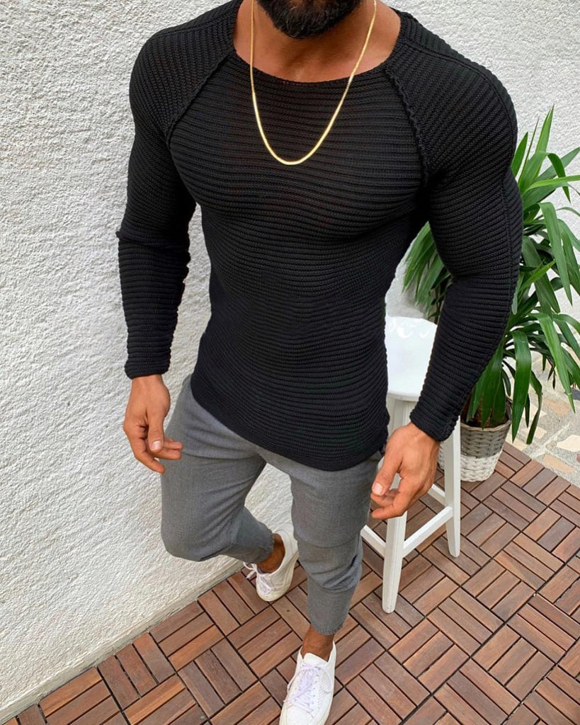 Long Sleeve Round Neck Knitted Pullover Sweater for Men