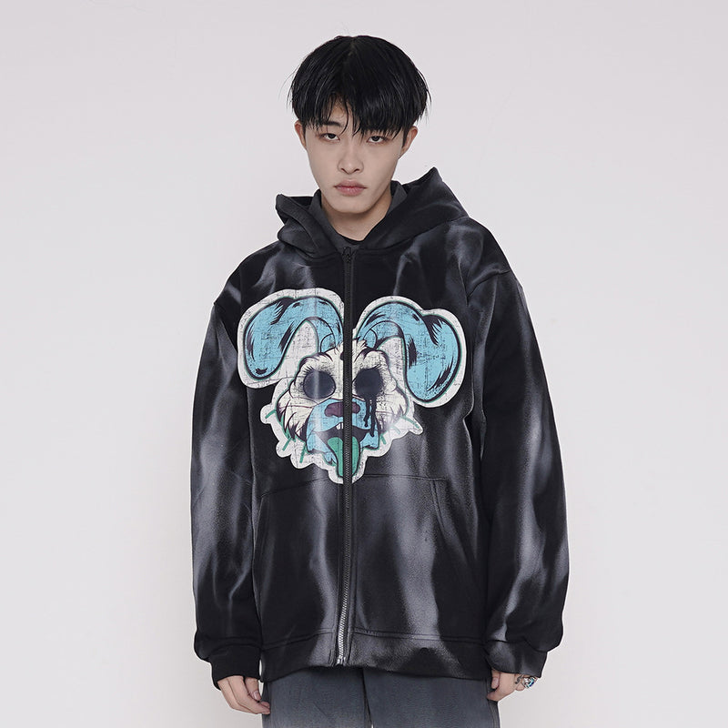 Cartoon Sweater Men's plus Size Retro Sports Coat Casual Loose Jacket Fleece Lined Sweatshirt Men Thermal Hoodie