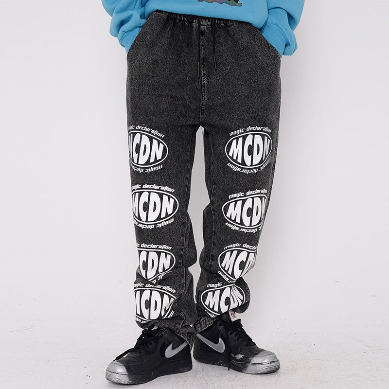 Letter Printed Jeans Men plus Size Retro Sports Trousers Straight Pants Men's Clothing Straight Men Denim Pants