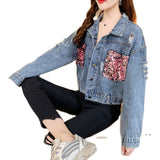 Denim Sparkle Jacket All-Matching Loose Sequins Coat for Women in Spring and Autumn