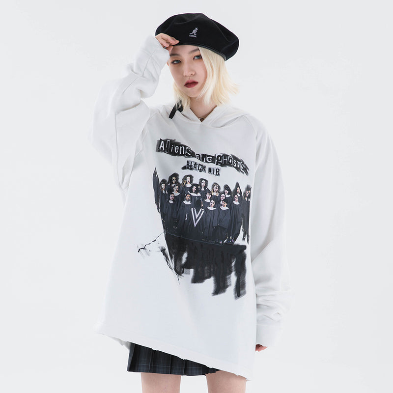 Character Print Men's plus Size Retro Sports Jacket Casual Loose Pullover Fleece Lined Sweatshirt Men Thermal Hoodie