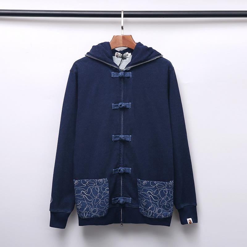 A Ape Print Hoodie Autumn Men's Shark Head Denim Zipper Sweater Coat