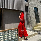 Red Peasant Dress Red Beach Dress Detachable Hat Seaside Vacation Desert Slimming Dress