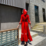 Red Peasant Dress Red Beach Dress Detachable Hat Seaside Vacation Desert Slimming Dress