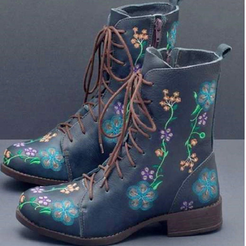Coachella Ankle Boots Autumn and Winter Vintage Boots Chunky Heel Embroidery Large Size Boots