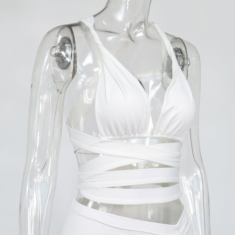 V-neck Sexy Halter Strap Vest Split Dress Two-Piece Set