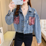 Denim Sparkle Jacket All-Matching Loose Sequins Coat for Women in Spring and Autumn