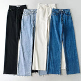 100 Cotton Jeans Women Fall High Waist Raw Hem Wide Leg Mop Pants Women Baggy Straight Trousers Trousers