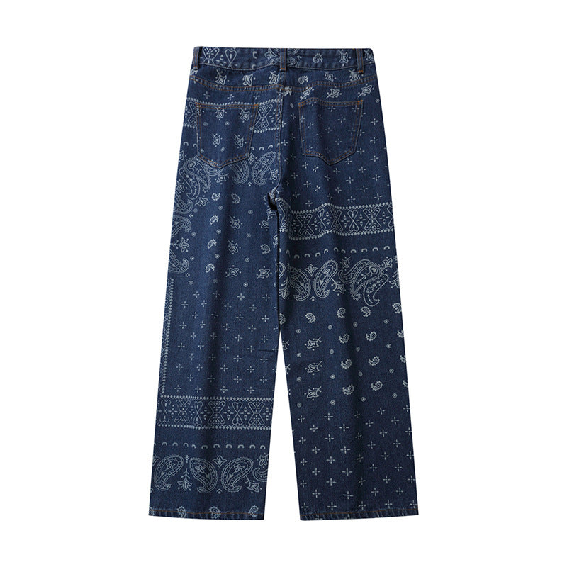 Printed Jeans Men's plus Size Retro Sports Trousers Loose Straight Trousers Men's Men Denim Pants