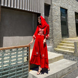 Red Peasant Dress Red Beach Dress Detachable Hat Seaside Vacation Desert Slimming Dress