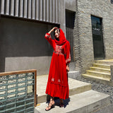 Red Peasant Dress Red Beach Dress Detachable Hat Seaside Vacation Desert Slimming Dress