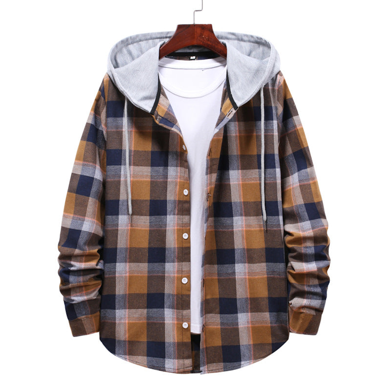 Men's Loose Hooded Plaid Shirt Large Size Fashion Casual Long Sleeve Retro Sports Men Shirt