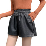 Leather Shorts Autumn and Winter Elastic High Waist A- line Loose Split Wide Leg PU Leather Shorts