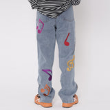 Musical Note Printed Jeans Men's plus Size Retro Sports Trousers Straight Pants Men's Men Denim Pants