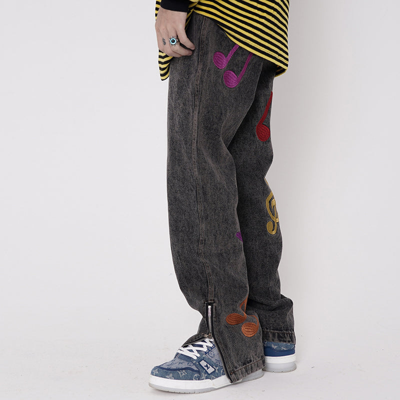 Musical Note Printed Jeans Men's plus Size Retro Sports Trousers Straight Pants Men's Men Denim Pants