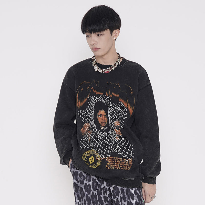 Character Printed Sweater Men's Large Size Retro Sports Casual Jacket Loose Crew Neck Top Fleece Lined Sweatshirt Men Thermal Hoodie