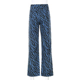 Wide Leg Floral Print Pants Blue Loose Cotton Trousers High Waist Casual Jeans
