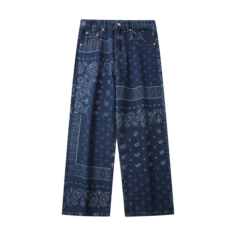 Printed Jeans Men's plus Size Retro Sports Trousers Loose Straight Trousers Men's Men Denim Pants