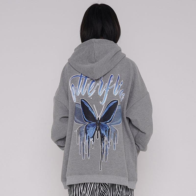 Butterfly Print Sweater Men's plus Size Retro Sports Casual Coat Loose Pullover Fleece Lined Sweatshirt Men Thermal Hoodie