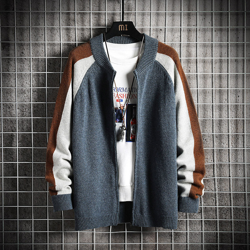 Winter Men's Stand Collar Contrast Color Sweater Knitwear Korean Style Youth Fashion Trends Casual Cardigan Coat Trendy Men Cardigan Sweater