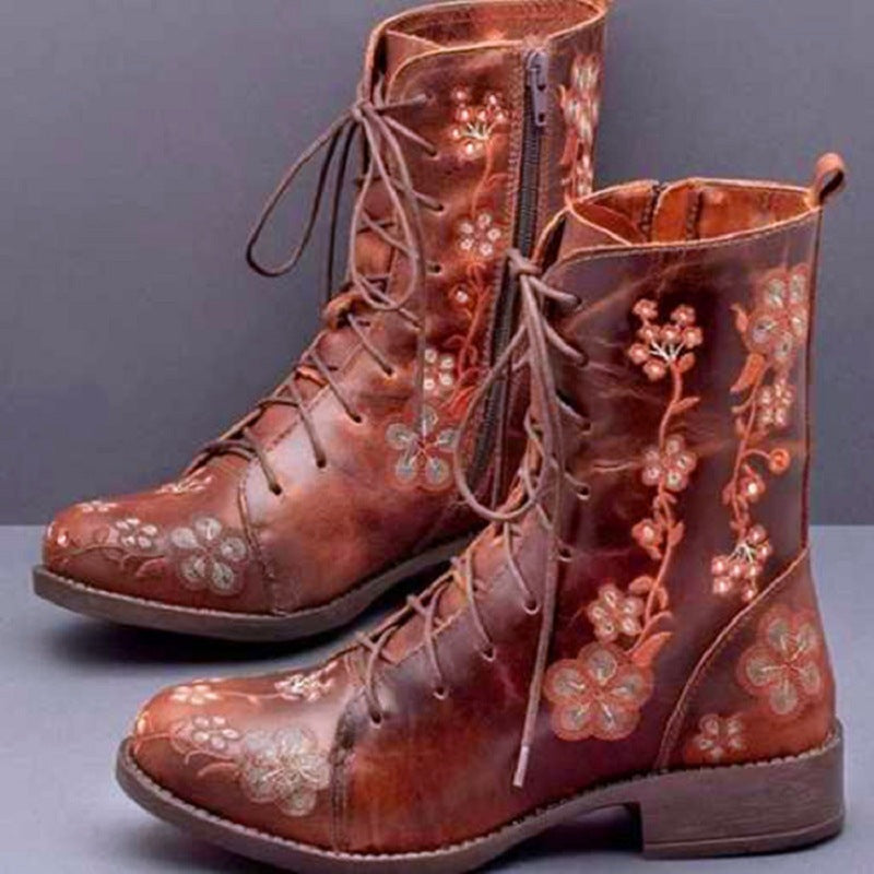Coachella Ankle Boots Autumn and Winter Vintage Boots Chunky Heel Embroidery Large Size Boots