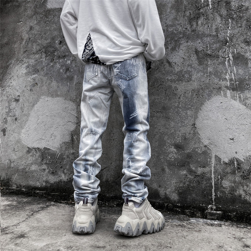 Graffiti Letter Printed Jeans Men's plus Size Retro Sports Trousers Men's Men Denim Pants