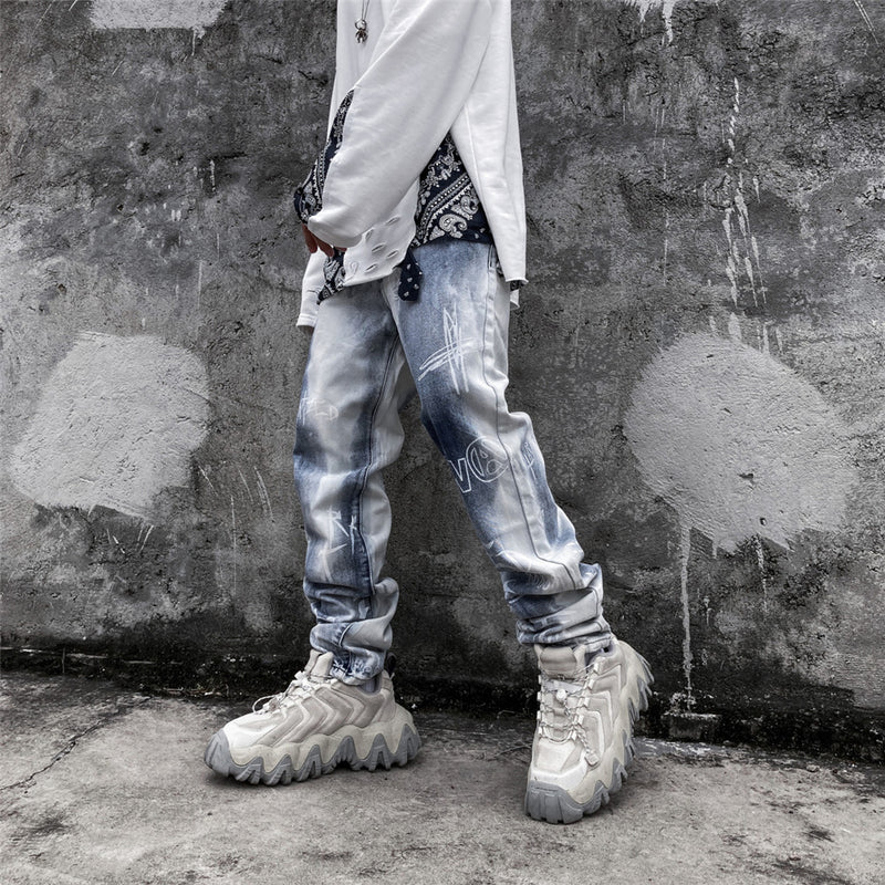 Graffiti Letter Printed Jeans Men's plus Size Retro Sports Trousers Men's Men Denim Pants