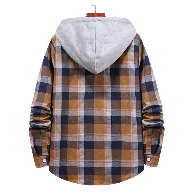 Men's Loose Hooded Plaid Shirt Large Size Fashion Casual Long Sleeve Retro Sports Men Shirt