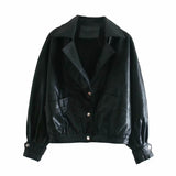 Women Leather Jacket with Patches Autumn and Winter Buckle Fashion Short Leather Jacket Coat