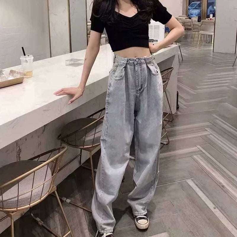 100 Cotton Jeans Women High Waist Loose and Slimming Wide Leg Daddy Pants Female Mop Trousers