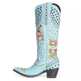 Coachella Cowboy Boots Blue Chunky Heel Winter Pointed-Toe Side Zip Round Toe High Leg Boot